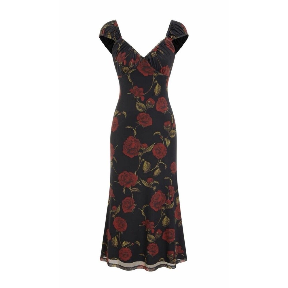 CIDER Black Red Rose Floral Mesh Midi Dress M Ruffle Sleeve Romantic Elegant NWT